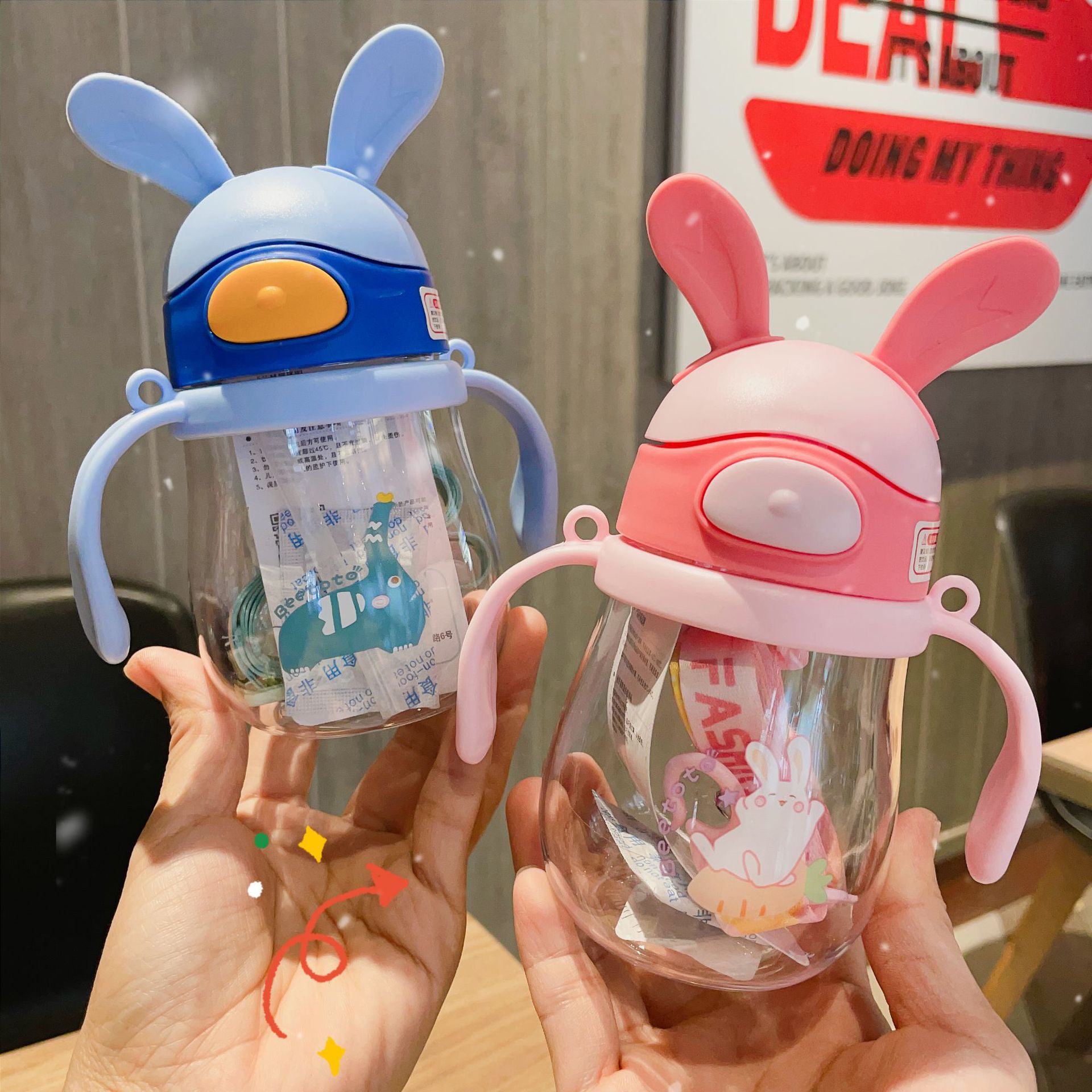 baby cartoon straw cup cute bunny children‘s cups portable with back rope water bottle belt scale