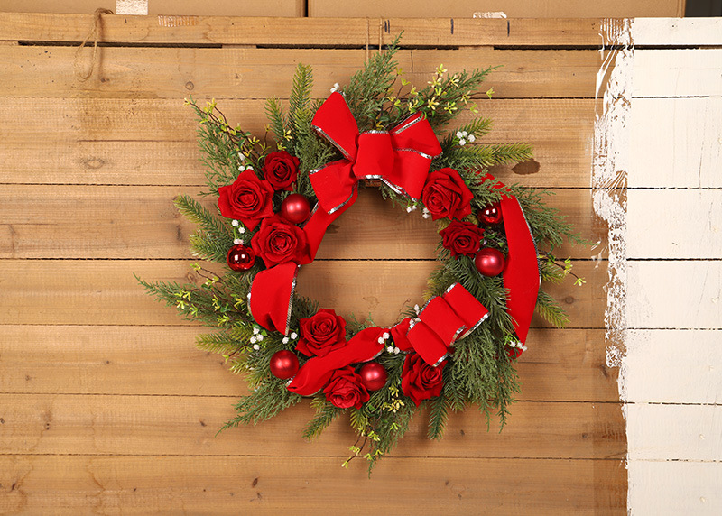 鸿禹 圣诞节花环红玫瑰丝带花圈前门家居客厅圣诞装饰挂件 亚马逊
