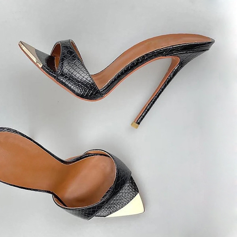 跨境时装凉鞋欧美金属尖头细跟黑色蛇纹外贸女鞋high heels高跟鞋