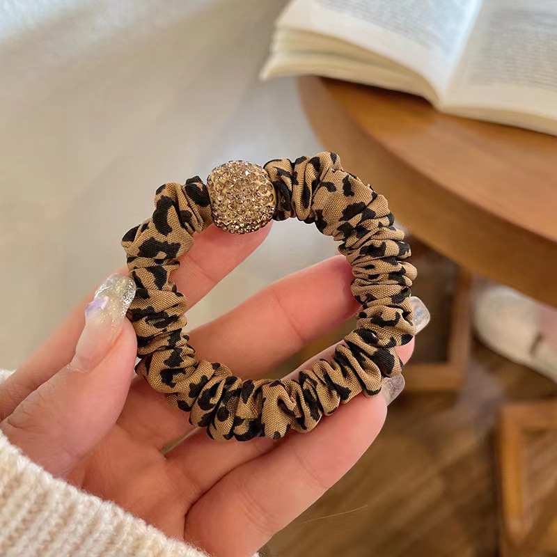 Europe and America Cross Border Hair Ring New Large Intestine Ring Temperament Leopard Print Head Rope round Ball Rhinestone Highly Elastic Hair Rope Hair Accessories Wholesale