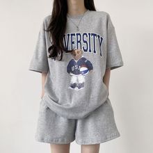 100%含棉两件套装女大码韩版夏季时尚休闲运动服卡通短袖短裤女装