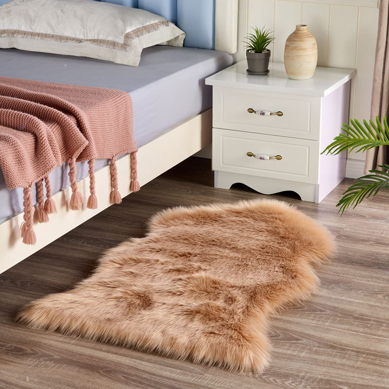 Cross-Border Spot Brown Plush Bedroom Bedside Carpet Irregular Solid Color Wool Floor Mat Decorative Leather