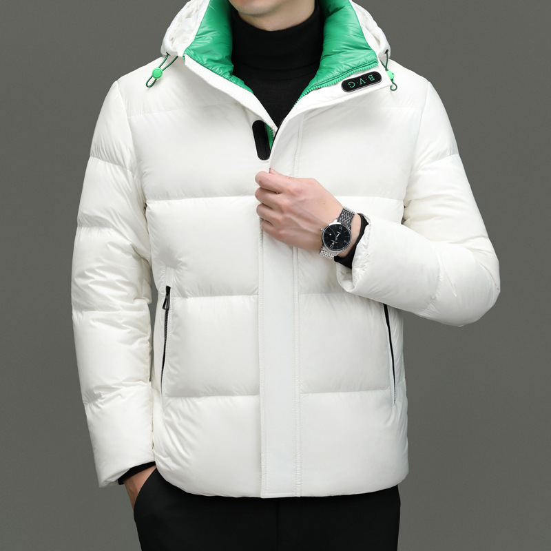 2023新款男装时尚羽绒服连帽白鸭绒休闲加厚男士连帽上衣亮面外衣