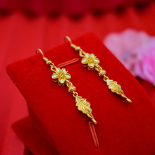 越南沙金花朵花瓣耳环黄铜镀金花朵树叶耳坠长款女士时尚首饰品