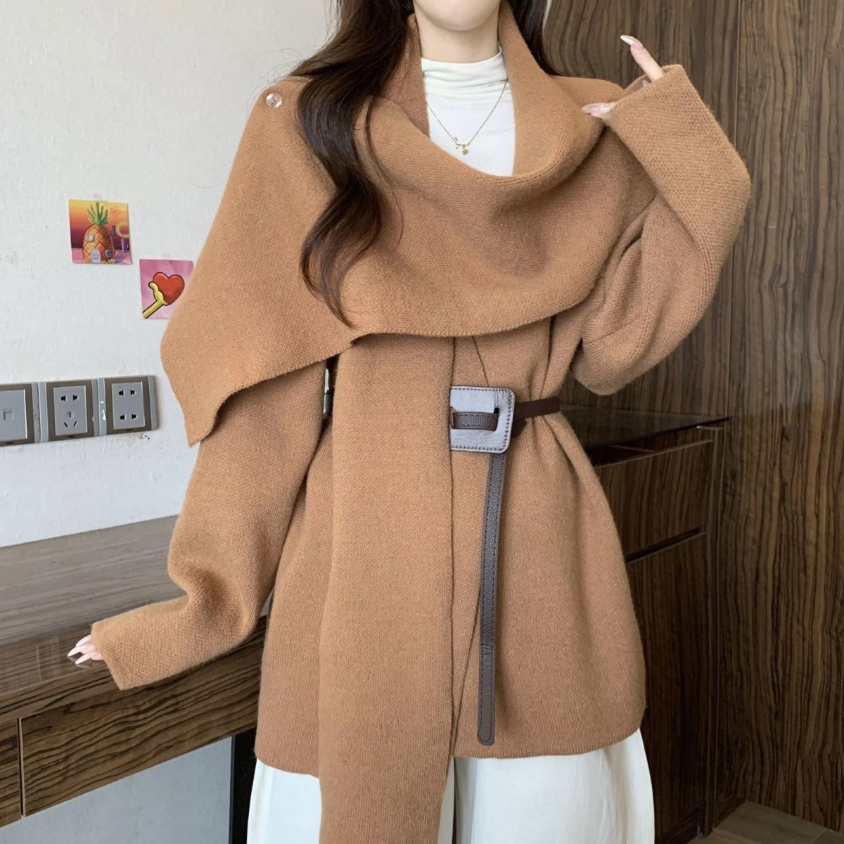 收腰气质针织毛衣外套女2025新款秋冬纯色中长款外搭开衫厚