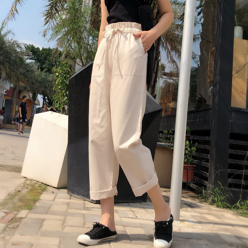 Cross-Border Casual Pants for Students New Korean Style Harem Pants Lace-up Loose BF Style High Waist Macaron Wide-Leg Pants