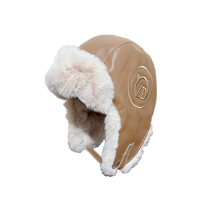 PU Leather Ushanka Women's Autumn and Winter Thickened Warm Riding Plush Hat Outdoor Skiing Cold-Proof Earmuffs Hat Tide