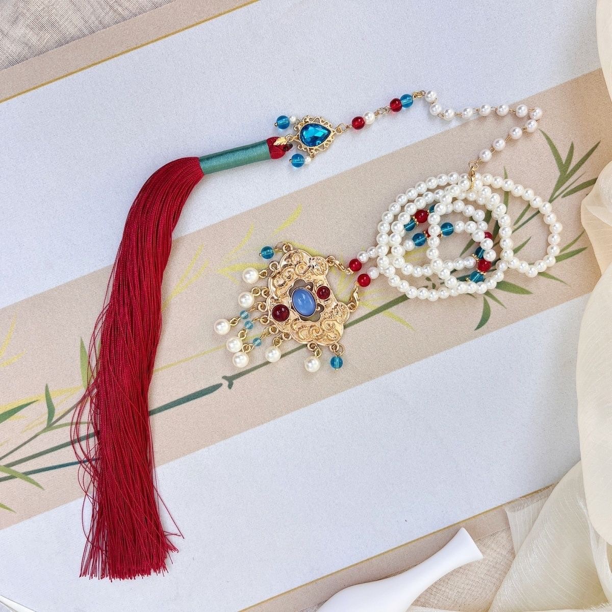 原创汉服背云软璎珞长款项链流苏珍珠项圈明制晚古风长命锁坦领配