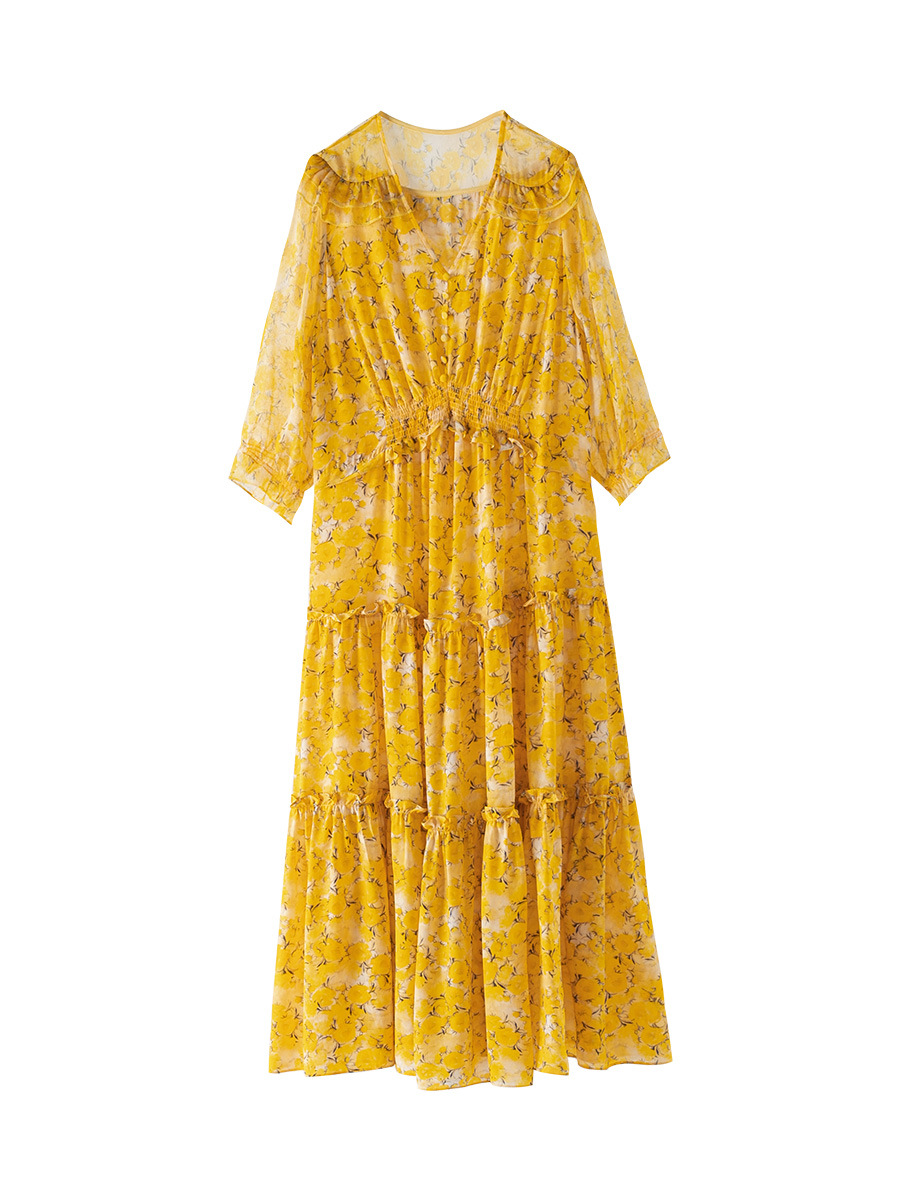 High-End Women's Clothing 100% Mulberry Silk Floral Dress High Waist Silk Dress Summer Dress Fairy Dress 46507