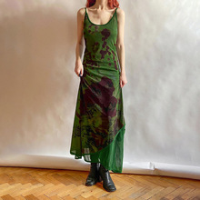 绿野迷踪复古植物系印花网纱拼接吊带连衣裙小众不规则修身长裙