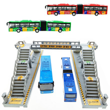 车回力双节公交车双层大巴士车模型公共汽车站儿童玩具车站台