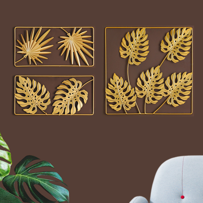 Nordic Light Luxury Golden Monstera Square Wall Hanging Home Living Room Bedroom Study Wall Decorative Mural