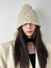秋冬毛线帽女韩国手工针织包头帽可爱毛球球护耳保暖学生套头帽子