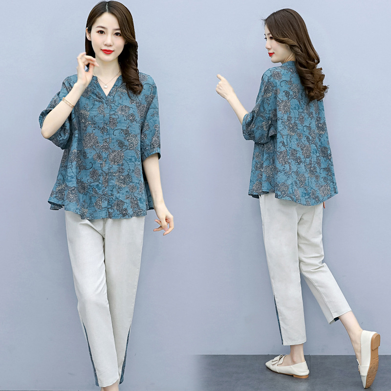 2021夏季新品时尚印花宽松大码复古文艺亚麻套装女中年棉麻两件套