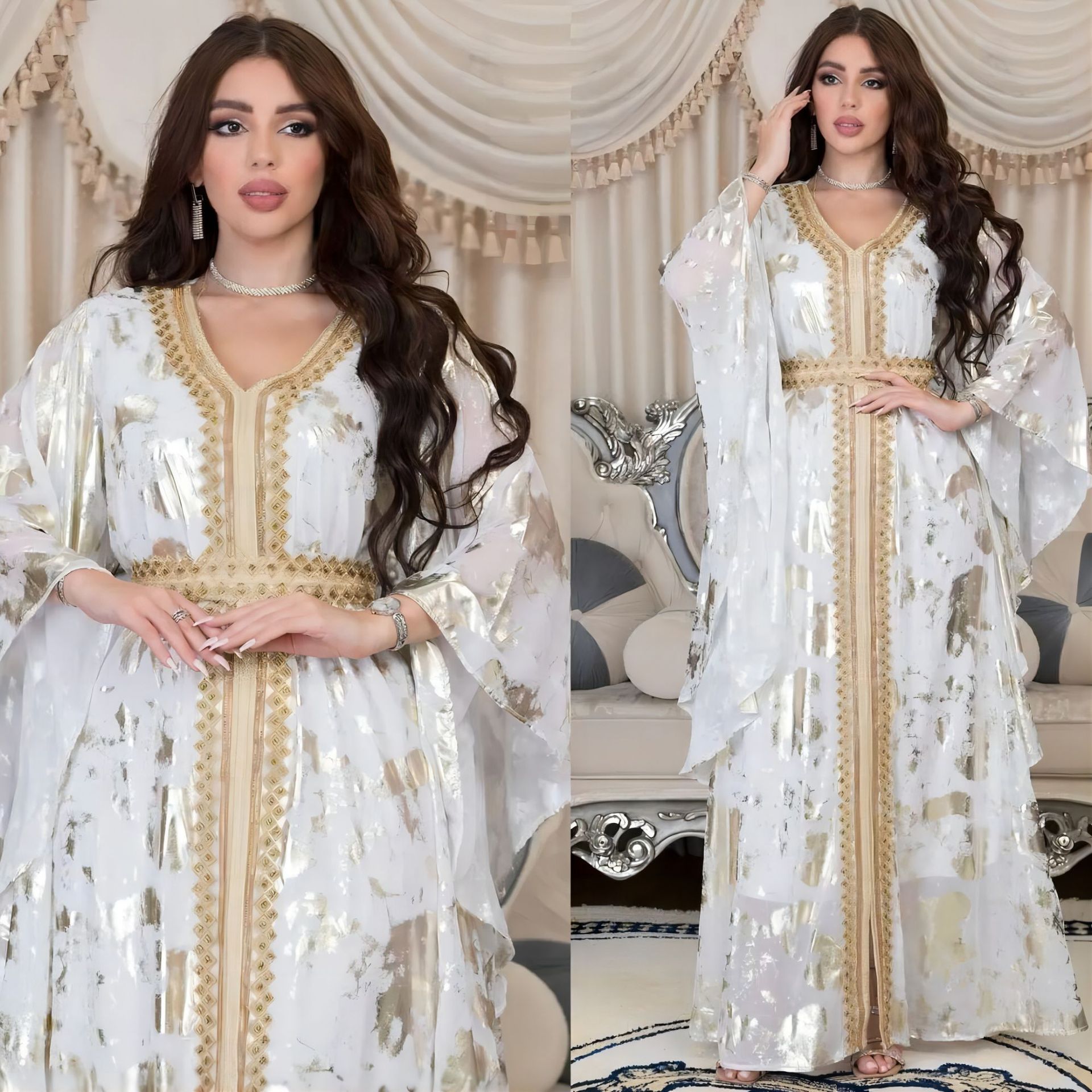 Ab286 Cross-Border Middle East 2023 Spring New Muslim Chiffon Bronzing Robe Containing Belt Dress