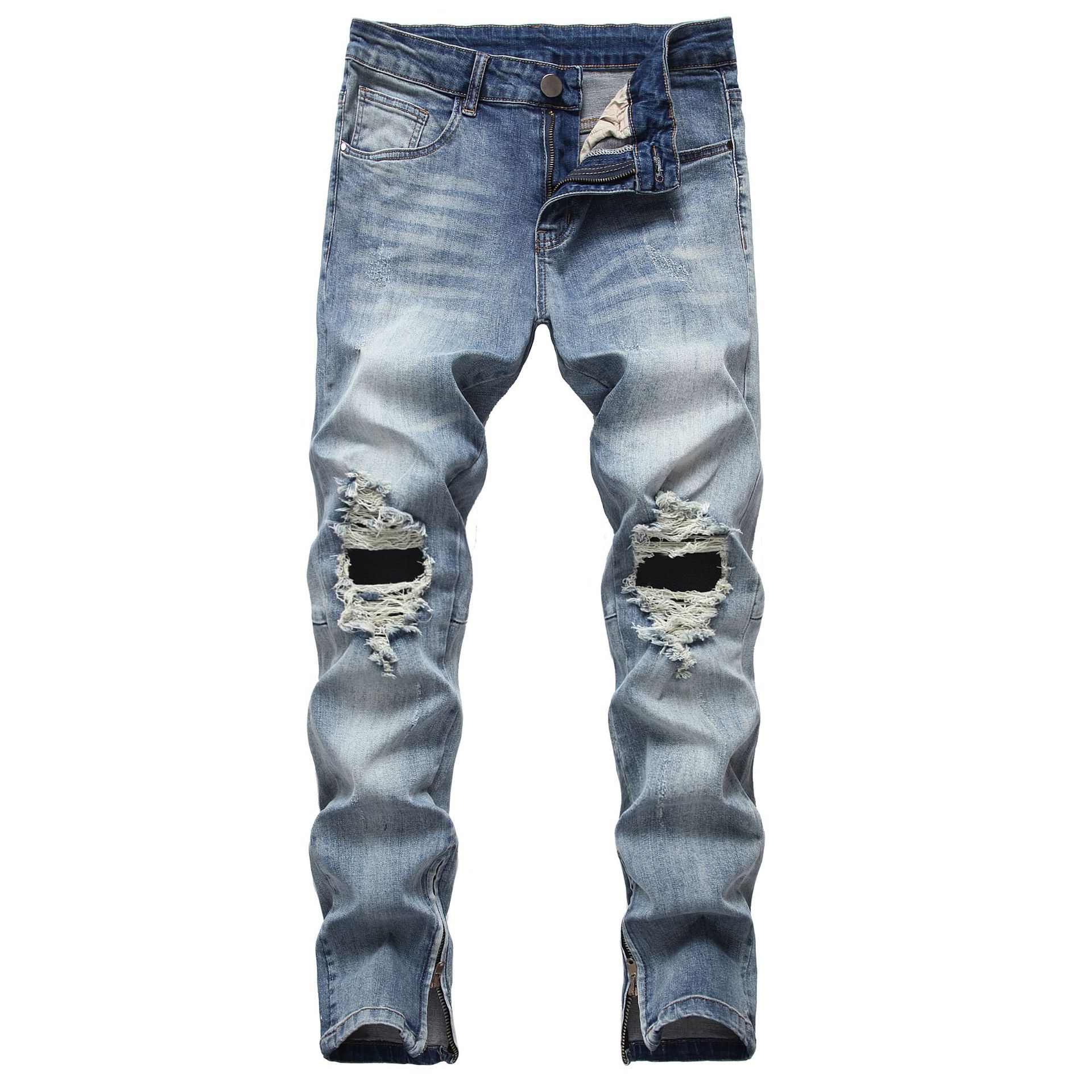   Foreign Trade Men's Pants Autumn New European and American Men's Jeans Ripped Zipper Split Fashion All-Match Trendy Men's Essential