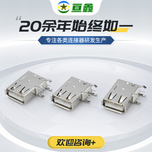 USB连接器批发19.6/90度侧插长体母座弯脚侧立式铁壳铜壳白胶插座