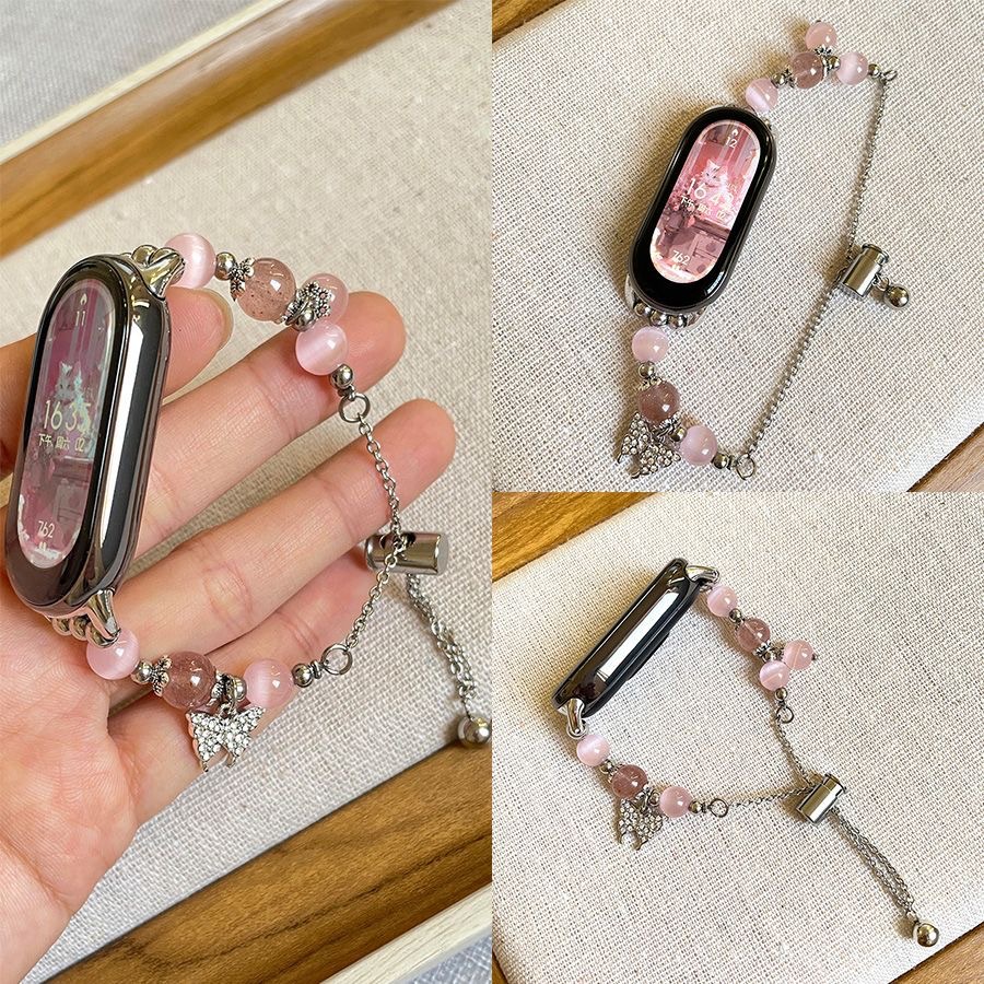 适用小米手环8/7/6/5代金属表带新款香风猫眼石手链夏天女腕带nfc