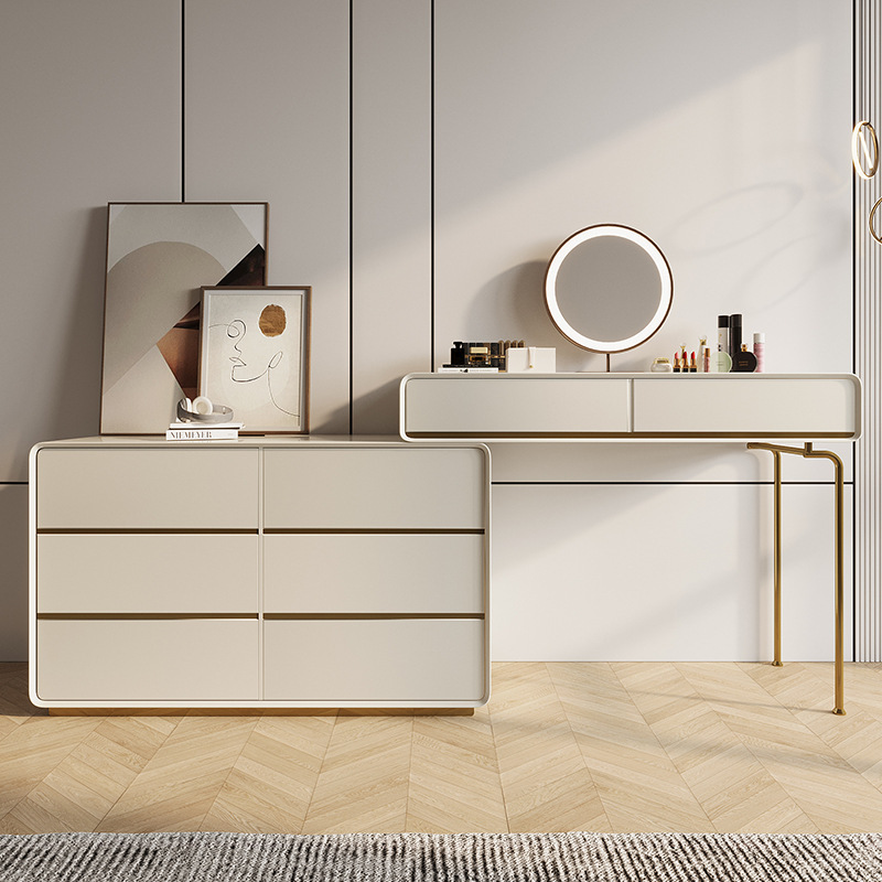 梳妆台收纳柜一体组合卧室轻奢风带灯现代简约化妆台可伸缩