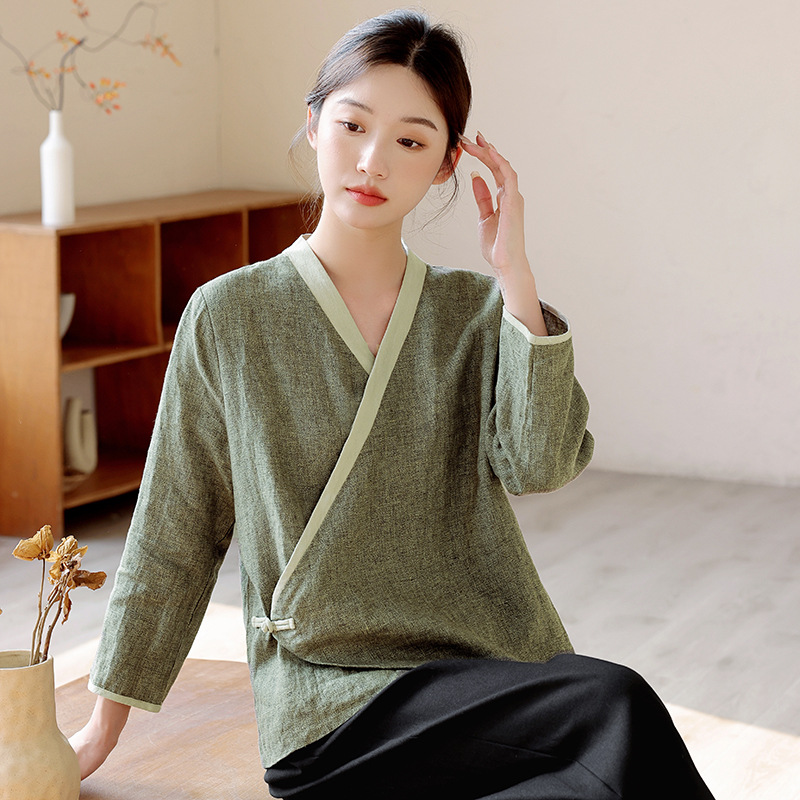 茶艺师服装民国风禅意女装 茶系上衣中式旗袍唐装上衣茶服夏季