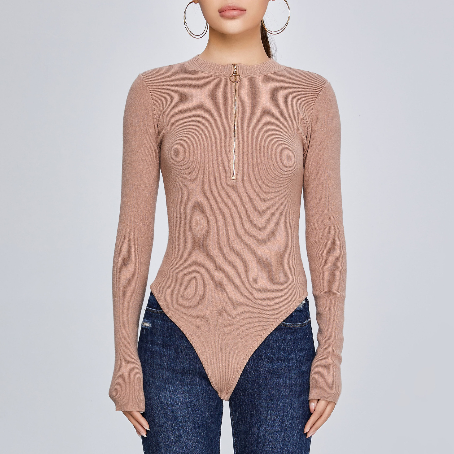 跨境欧美女装 连体衣长袖针织上衣拉链毛衣打底衫