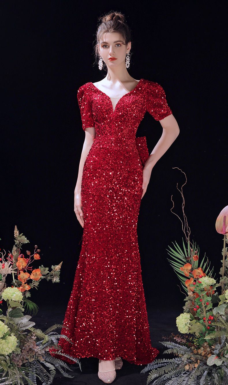 2021新款鱼尾晚礼服酒红色亮片修身显瘦敬酒订婚主持人礼服长裙女