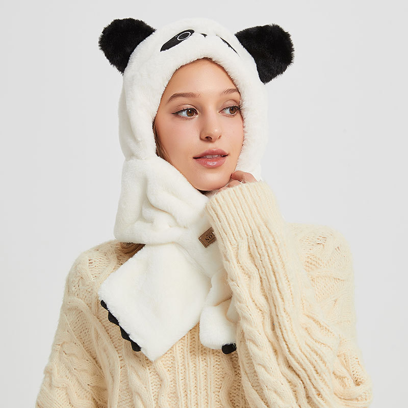 Autumn and Winter Cute Panda Plush Hat Scarf Two-Piece Set Thick Warm Earflaps Cold-Proof Cartoon Hat