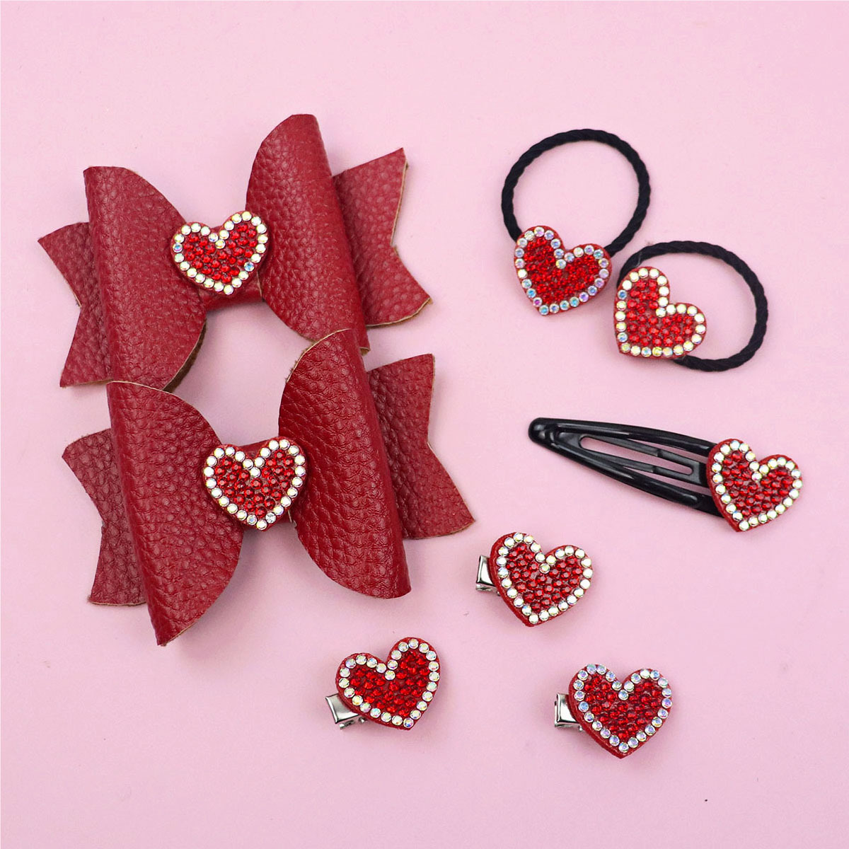 跨境水钻爱心蝴蝶结发夹红色皮革桃心边夹心形儿童发绳儿童发饰