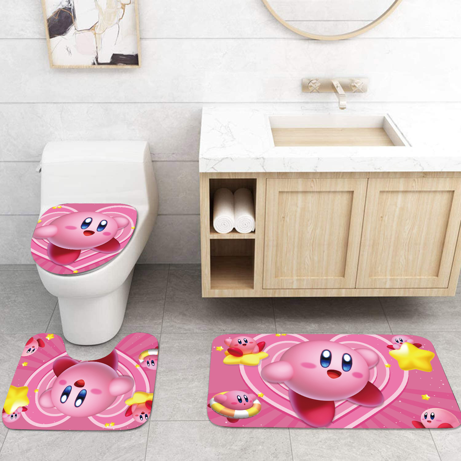 Cross-Border Kirby Kirby Theme Shower Curtain Four-Piece Waterproof Shower Curtain Carpet Non-Slip Mat Toilet Mat Floor Mat