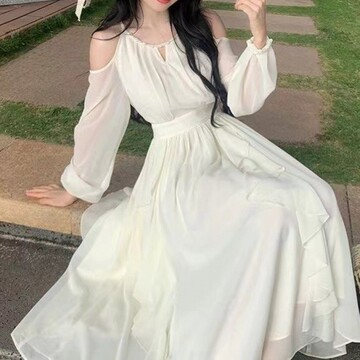 法式露肩珍珠雪纺荷叶边连衣裙女春夏海边度假仙女裙沙滩长裙子