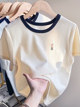 华夫格短袖T恤女2024年夏季新款设计感小众撞色刺绣别致上衣