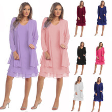 速卖通ebay2022春季新款女装雪纺拼接长袖大码中长款2件套连衣裙