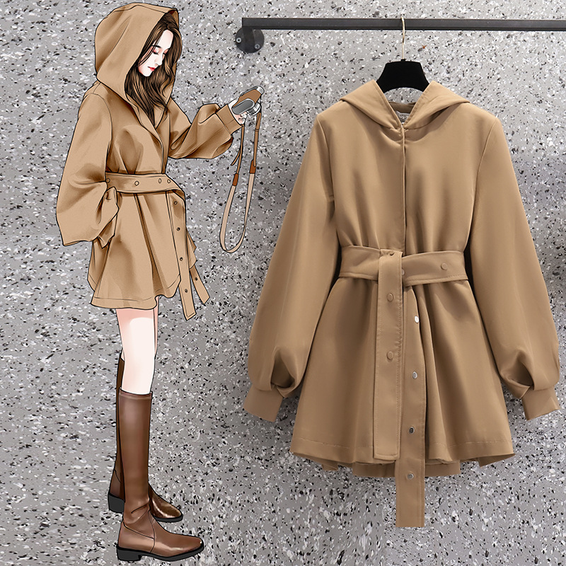 休闲短款系带风衣女2022春季新款胖mm减龄遮肉显瘦连帽斗篷式外套