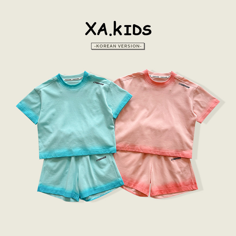 先奥2024夏季新款童装儿童喷染套装男女童百搭休闲潮流亮色两件套