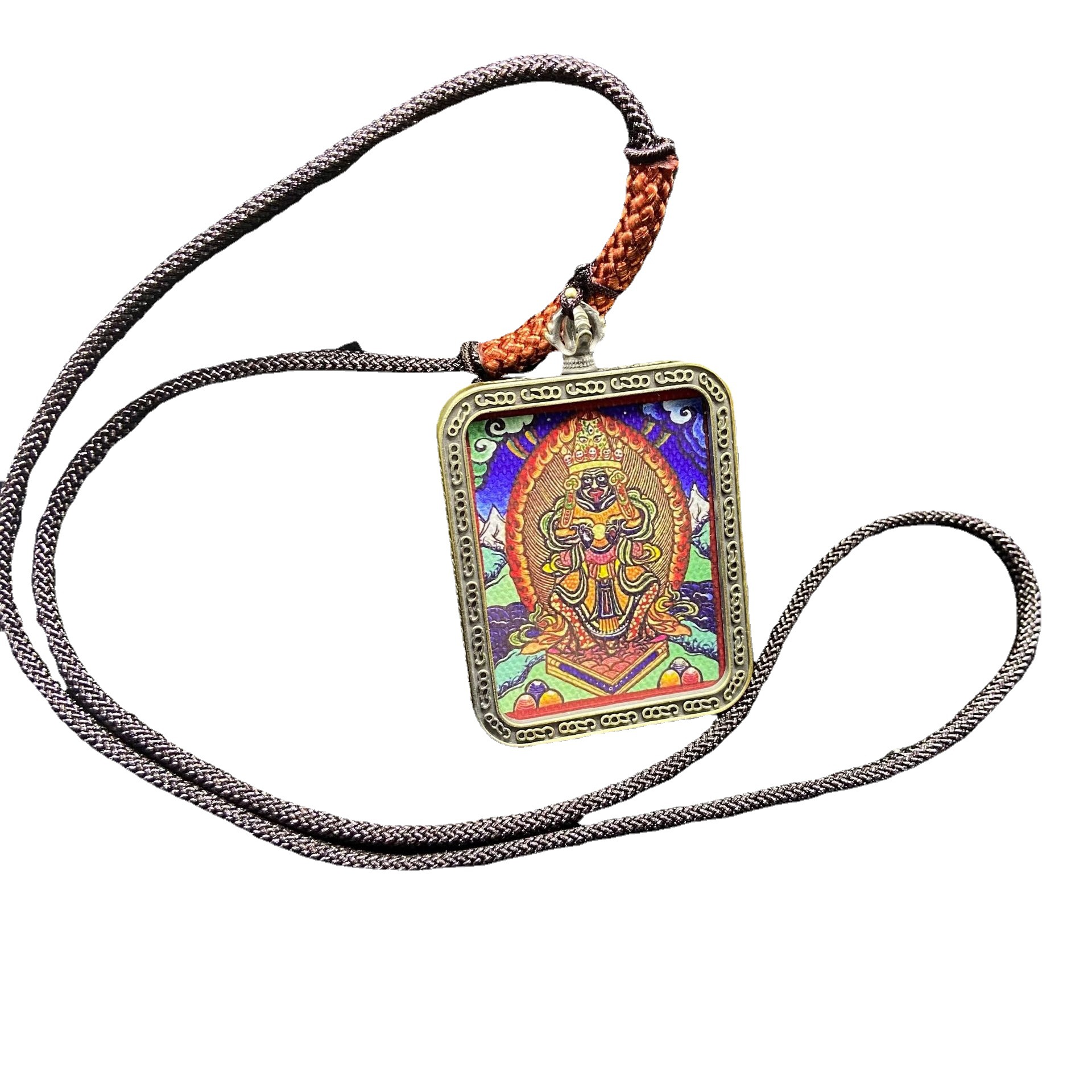 唐卡新款藏传扎基拉姆唐卡吊坠青铜色嘎乌盒女财神佛像唐卡盒吊坠