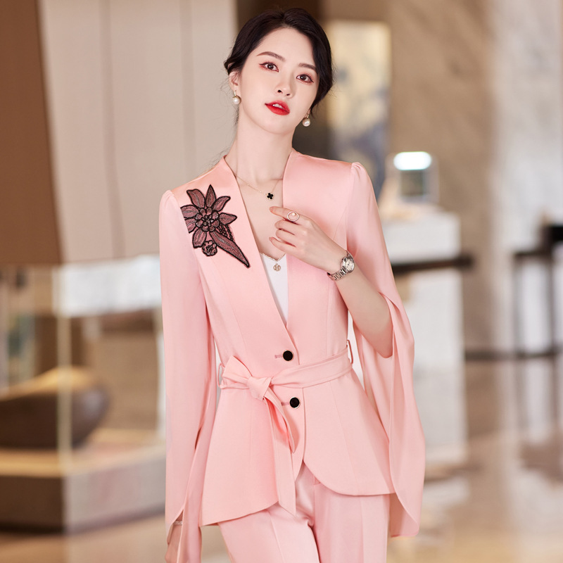 春夏职业小西服时髦西装套装裤女士韩版粉色时尚气质主持人工作服