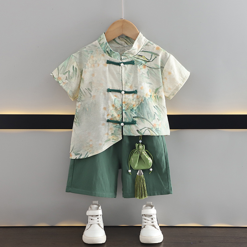 Boys Summer Suit 2024 New Fashionable Korean Style Printed Short-Sleeved Shirt Two-Piece Set Little Children Baby Clothes