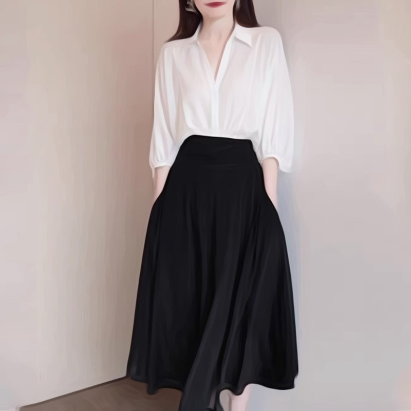 轻熟风女装2022春季新款高级感白色衬衫冷淡赫本风半身裙两件套