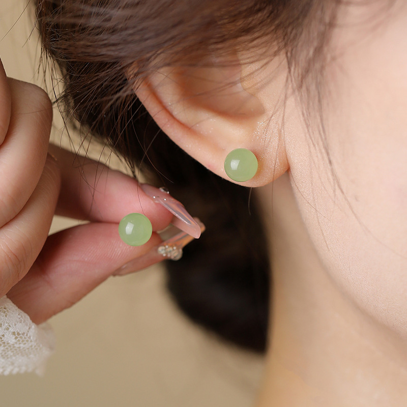 和田玉耳钉螺丝拧耳环新中式古风气质圆形彩色玛瑙耳骨钉夏季爆款
