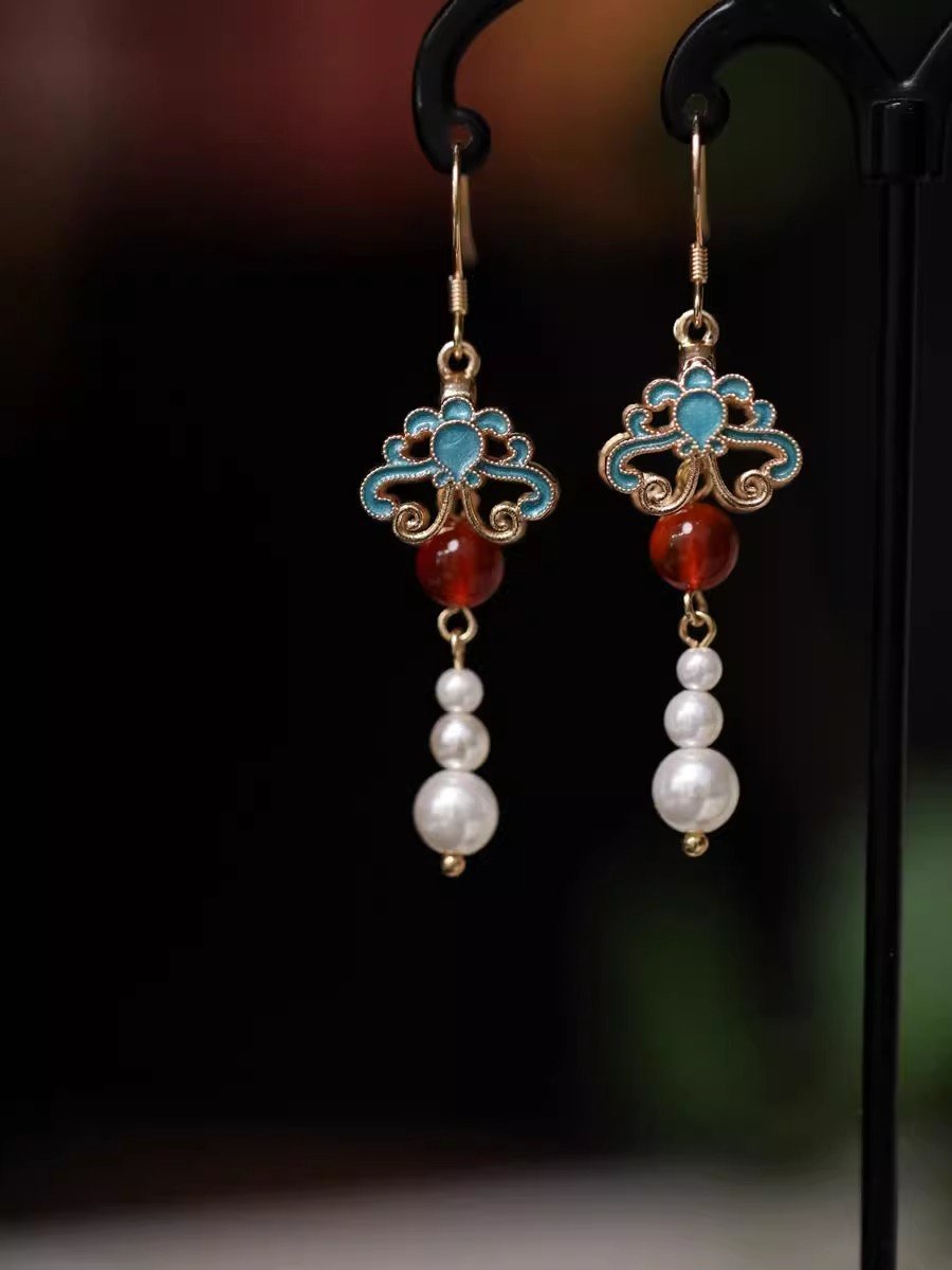 独特珍珠长款耳环2024新款古风烧蓝蝴蝶耳坠中国风旗袍汉服耳饰女