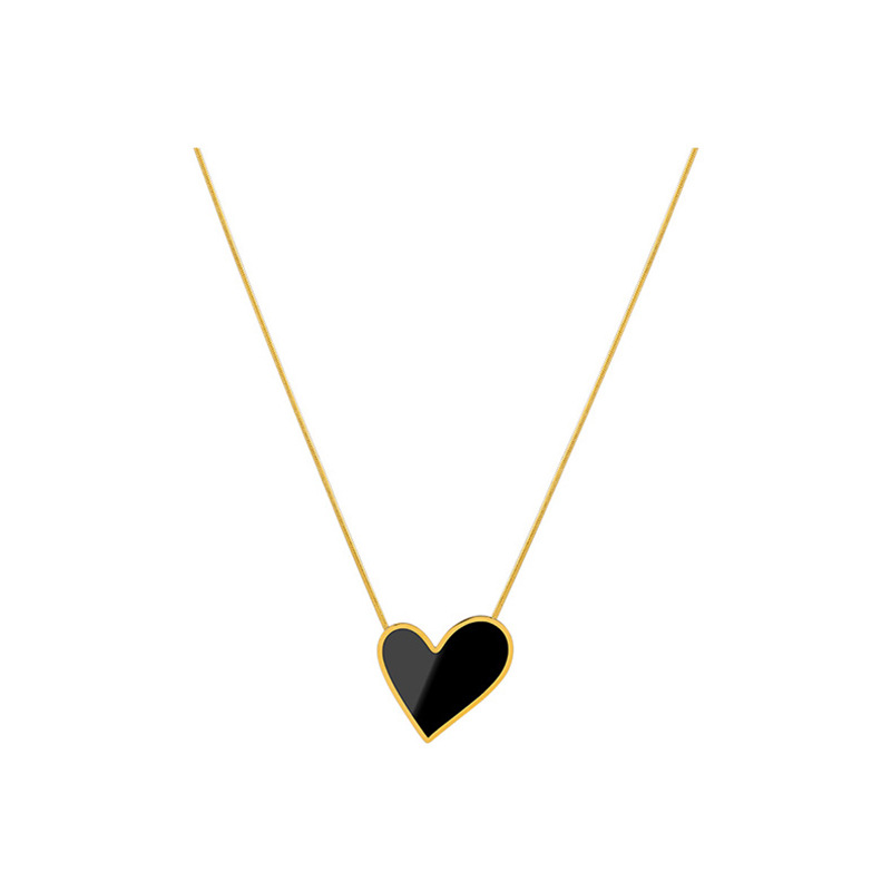 Black Big Heart Necklace Light Luxury Dark Style Clavicle Chain Dignified Pendant Titanium Steel 18K Gold Ornament Female Korean Style