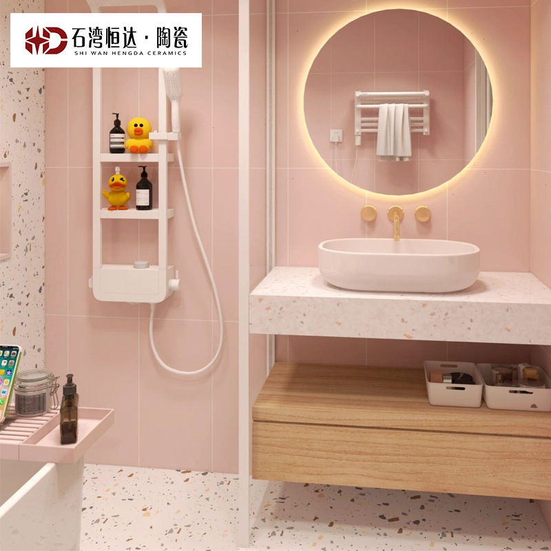 ins网红浴室马卡龙粉色瓷砖300x600北欧风卫生间厨房厕所格子墙砖