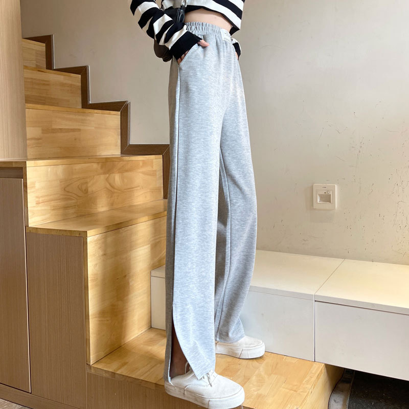 灰色运动裤子女春夏新款高腰直筒宽松百搭开叉休闲阔腿裤女裤
