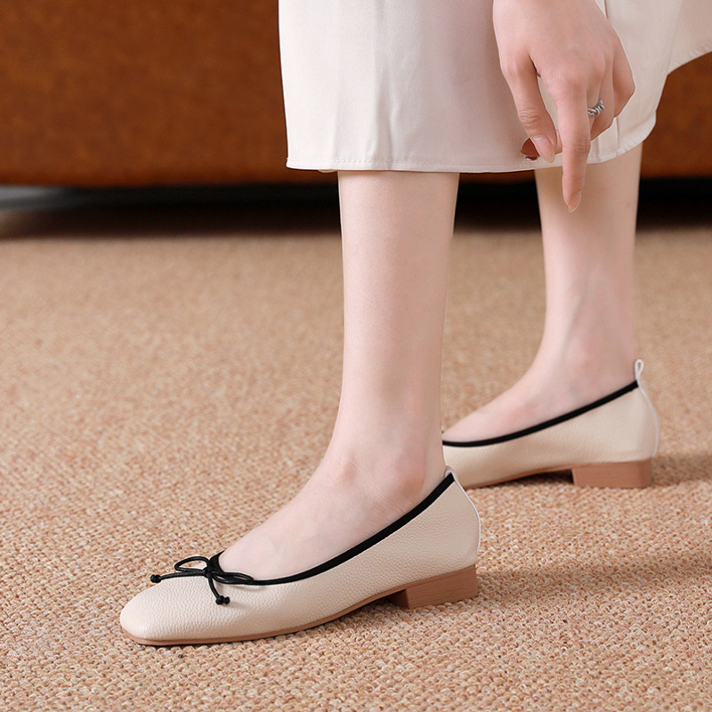 豆豆鞋女夏2022年新款仙女舒适百搭低跟芭蕾蝴蝶结浅口女单鞋粗跟