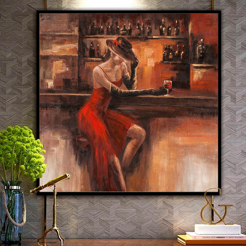 餐厅酒吧装饰欧式复古红酒女士油画 厂家定制纯手绘外贸出口油画