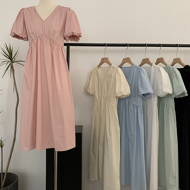 欧玛莱 V领连衣裙夏季新款法式气质纯色泡泡短袖长裙一件代发8097