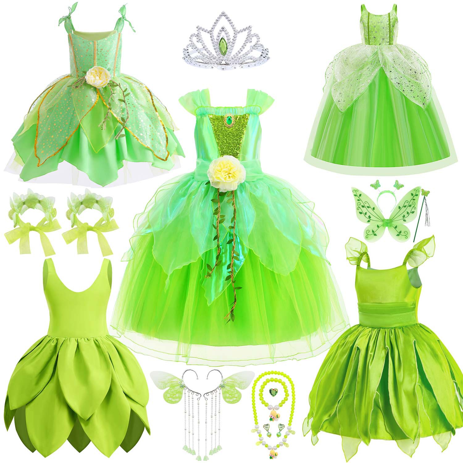 女童绿色小叮当公主裙森林精灵小仙女裙舞台表演演出服带翅膀