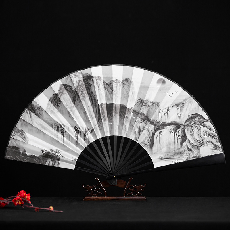 10寸男生霸气折扇中国风古风夏季水墨山水画书法绢布定制随身扇子