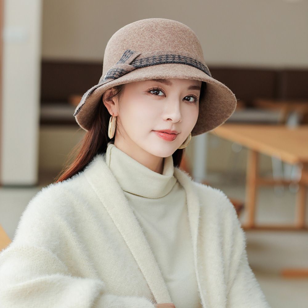 中老年女士户外旅游保暖全羊毛呢蝴蝶结时尚盆帽秋冬新款短沿帽子
