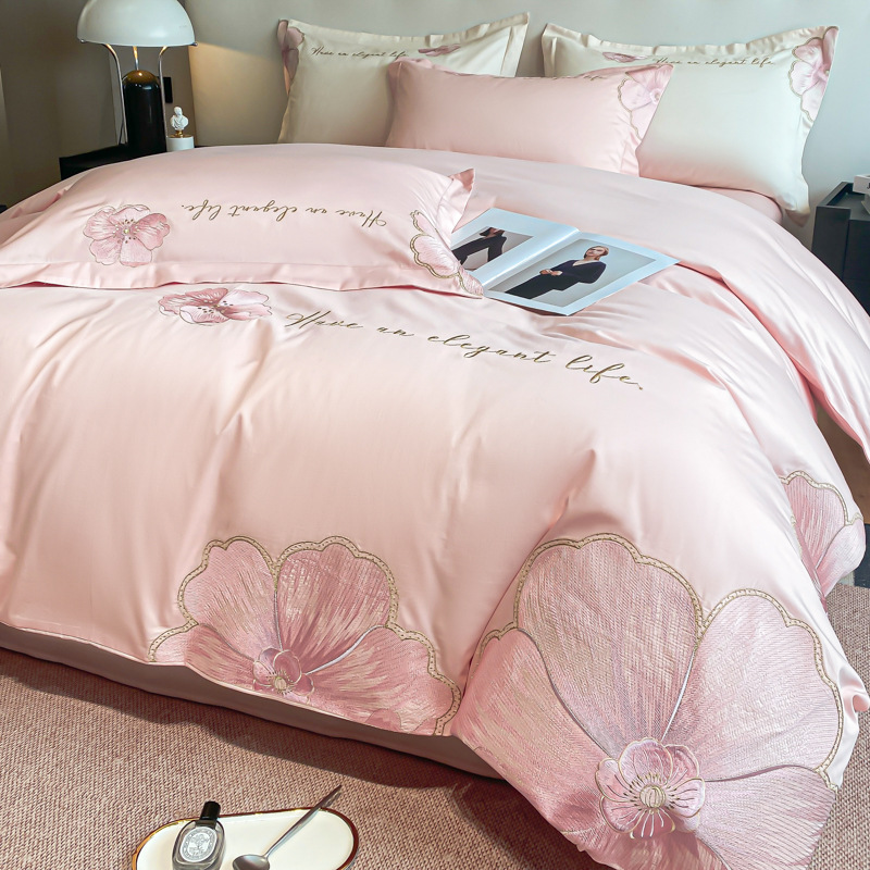 Light Luxury High-Grade Cotton Four-Piece Cotton Machine Embroidery Bed Sheet Quilt Cover High-End Bedding Wholesale